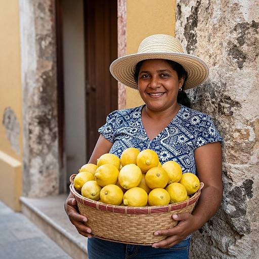 Photograph of smiling Latina woman in straw hat, blue patterned shirt, holding basket of bright yellow lemons, standing against rustic, textured wall.
