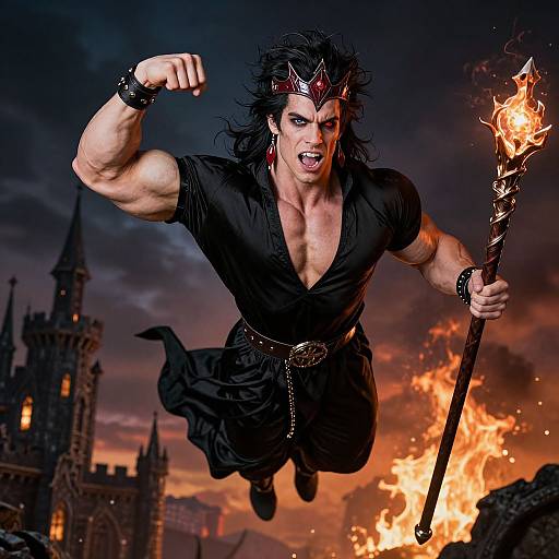Muscular man with black hair and crown, black shirt, and skirt, holding flaming staff, leaps over burning cityscape with gothic castle. Phot