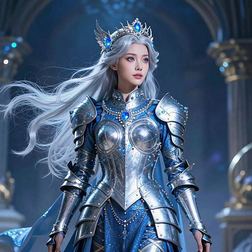 Digital artwork of a fair-skinned, silver-haired woman in shimmering blue and silver medieval armor with a jeweled crown, standing in a grand,