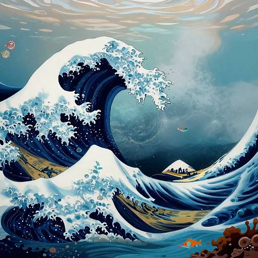 Digital art of a massive, white-capped ocean wave crashing over dark blue water, with a small boat and fish in the background. Sunlight beams