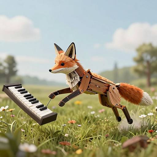Photograph of a toy fox with a wooden piano harness leaping playfully over a keyboard in a sunny meadow with colorful wildflowers.