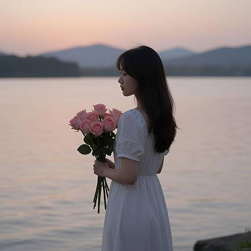 Photograph of a young Asian woman with long black hair, wearing a white dress, holding pink roses, standing by a serene lake at sunset.