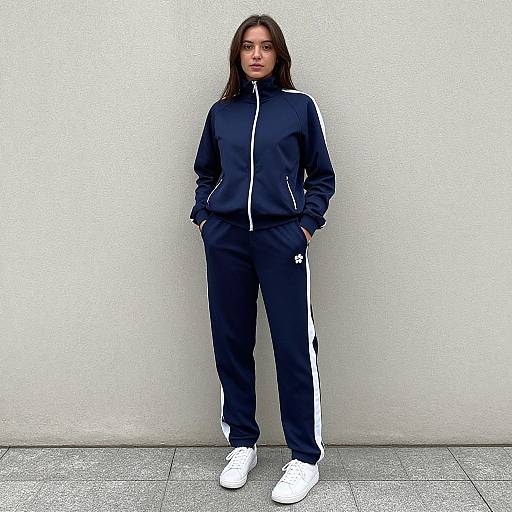 Photograph of a young woman with long brown hair, wearing a navy track jacket and pants with white stripes, and white sneakers, standing against a plain
