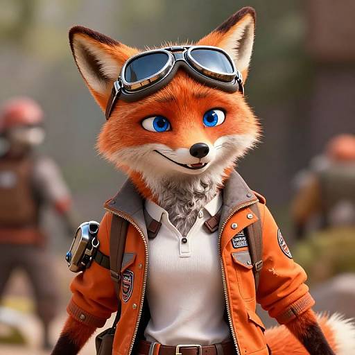 Digital art of a blue-eyed, anthropomorphic fox in a vibrant orange jacket, goggles on head, white shirt, and backpack, standing outdoors with blurred