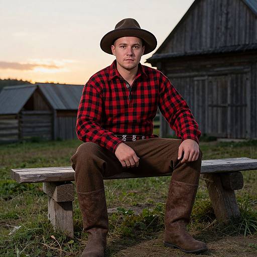 Photograph of a young man in a red-black plaid shirt, brown pants, and hat, sitting on a wooden bench at sunset in front of