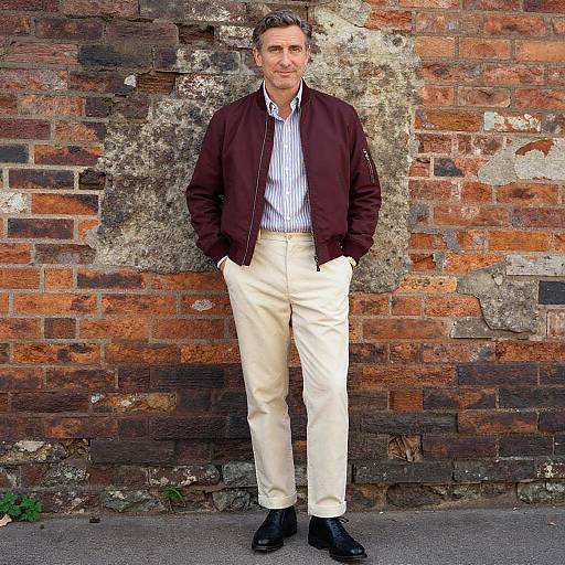 Photograph of a middle-aged man with short dark hair, wearing a dark jacket, white striped shirt, beige pants, and black shoes, standing against