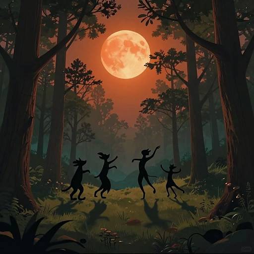 Silhouetted witches dancing under a glowing red full moon in a dark, enchanted forest, surrounded by tall trees and shadowy foliage. Digital art