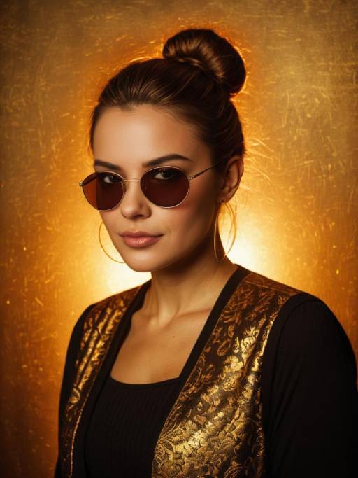 Stylish woman with round sunglasses and gold vest
