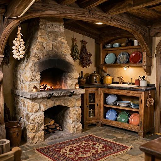 Cozy rustic kitchen with stone fireplace, wooden beams, hanging garlic bulbs, colorful dishes, and a patterned rug. Warm, inviting ambiance.