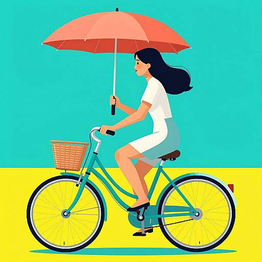 Digital illustration of a woman with long black hair, wearing a white dress and holding a red umbrella, riding a blue bicycle with a wicker basket on