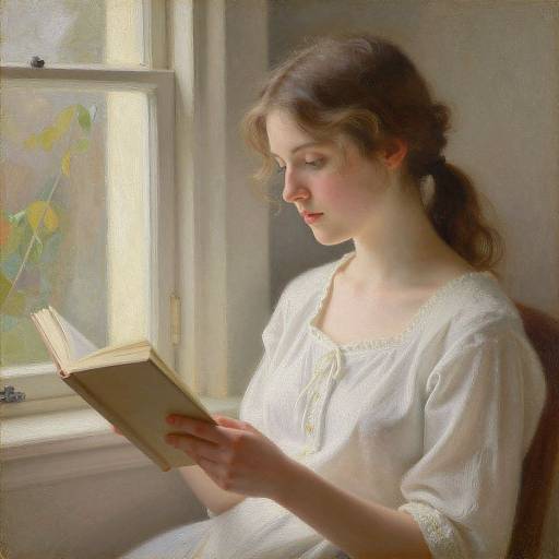 Photograph-style painting of a young woman with fair skin and brown hair, wearing a white, embroidered blouse, reading a book by a sunlit window