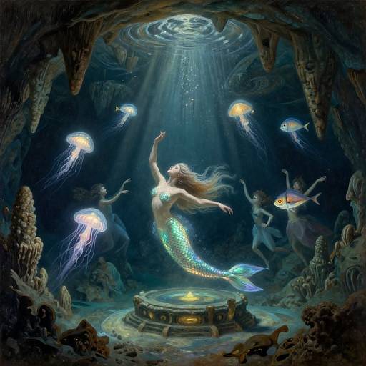Digital fantasy artwork: Glowing mermaid with iridescent tail, surrounded by bioluminescent jellyfish in a dark, underwater cave with beams