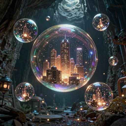 Photograph of glowing cityscape inside a translucent bubble, surrounded by smaller bubbles, set in a dark, cavernous, mystical environment.