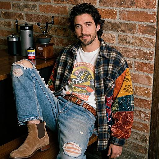 Photograph of a bearded man with dark curly hair, wearing a plaid shirt, graphic tee, ripped jeans, and brown boots, sitting against