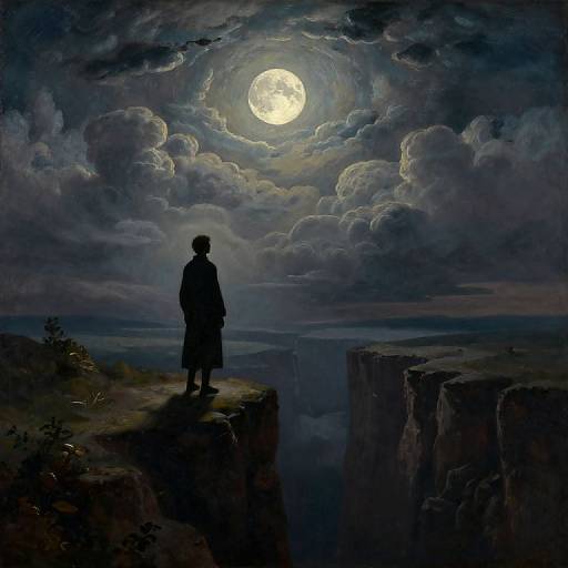 Silhouetted figure stands on cliff, gazing at full moon and cloudy night sky, with deep chasm on right. Digital painting.