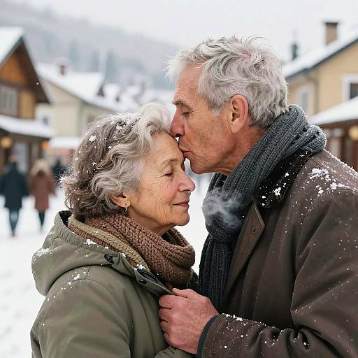Elderly Couple's Loving Winter Kiss