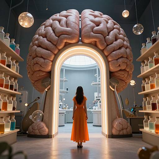 Photograph of a woman in an orange dress standing before a brain-shaped archway, illuminated, in a surreal, lit laboratory with shelves of colorful bottles