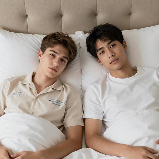 Two young men lying in bed