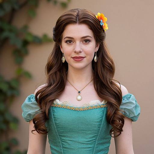 Photograph of a fair-skinned woman with long brown wavy hair, wearing a teal dress with puffed sleeves, gold necklace, and orange flower
