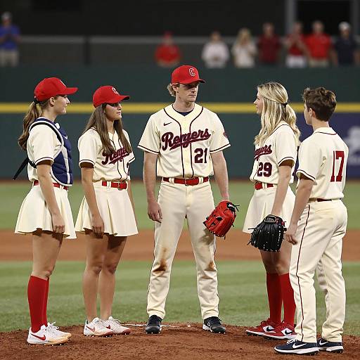 Baseball Team Huddle on Field at Night
