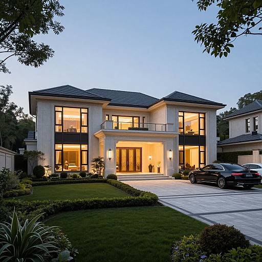 Photograph of a modern, two-story house at dusk with illuminated windows, white exterior, black-framed glass, manicured lawn, and a parked