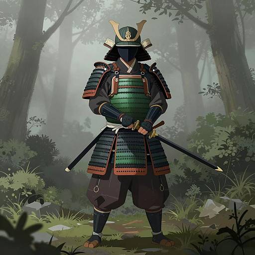 Misty Samurai In Full Armor Illustration