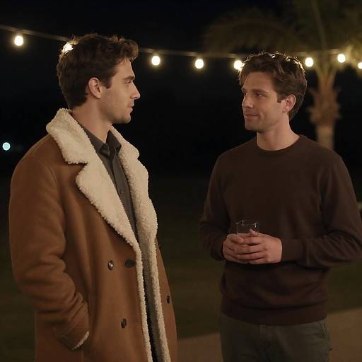 Two Men Outdoors Under String Lights