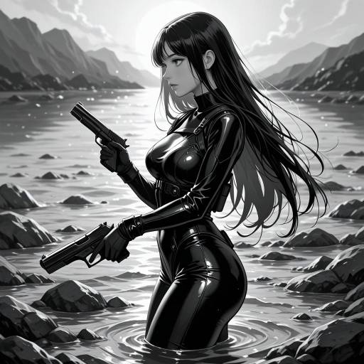 Anime Woman with Guns in Water