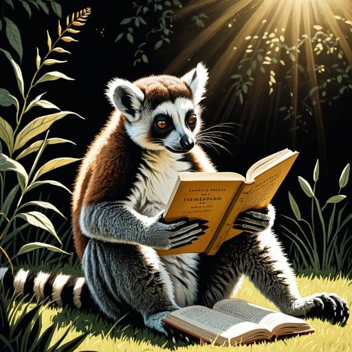 Lemur Reading Book in Sunlit Garden Illustration Lemur Reading Book in Sunlit Garden Illustration