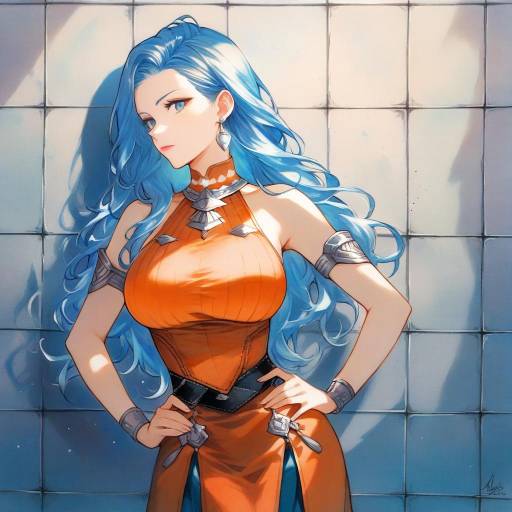 Elegant Blue-Haired Girl in Orange Dress