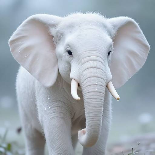 Photograph of a young, white elephant calf with large ears and prominent white tusks, walking through a blurred, misty background.