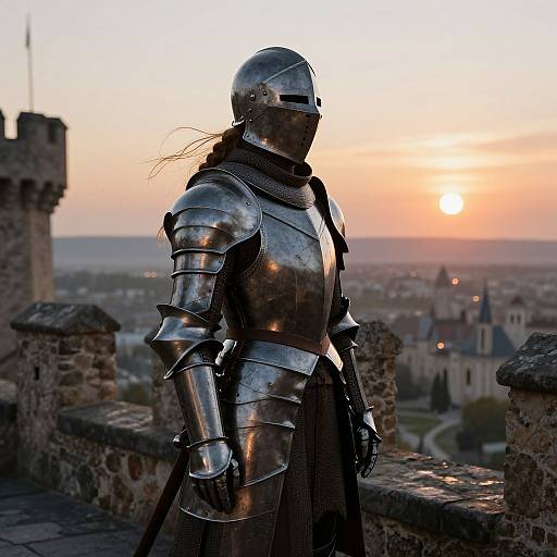 Photograph of a silhouetted knight in polished steel armor, with a visor covering their face, standing on a stone castle battlement at