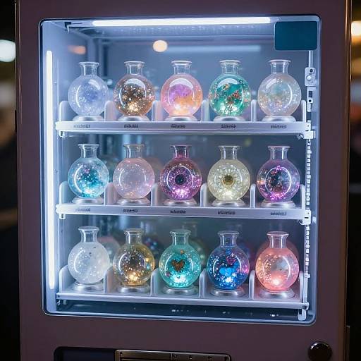 Photograph of a display case with four shelves, each holding six glowing, color-changing glass bottles with embedded LED lights.