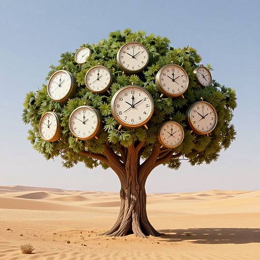 Digital illustration of a tree with green leaves and 12 clock faces, each displaying different times, standing in a desert.