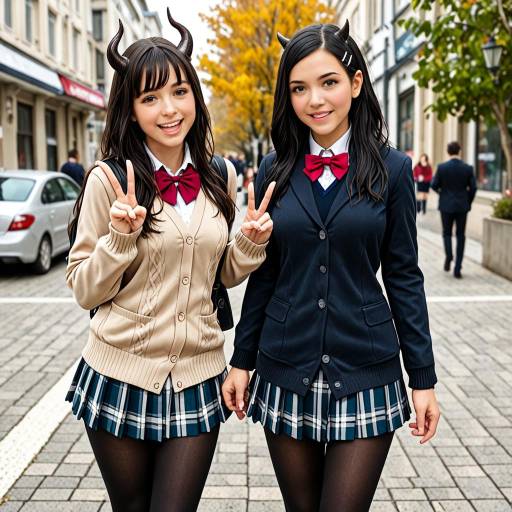 Anime Schoolgirls with Horns Making Peace Sign