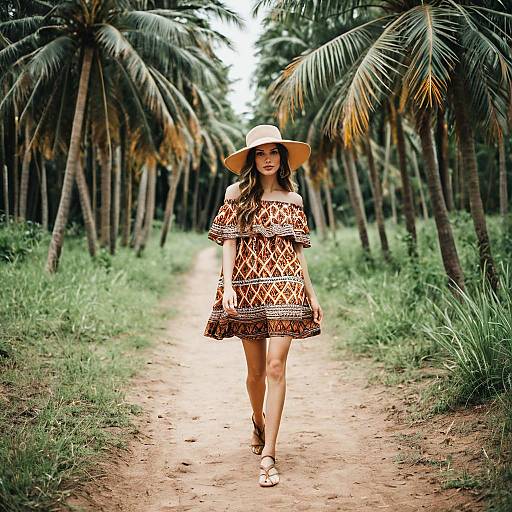 Woman in Boho Dress Walking in Palm Forest