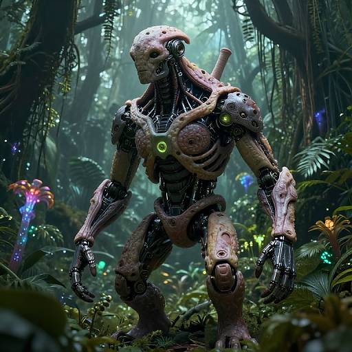 CGI image of a cybernetic alien standing in a dense, luminescent jungle. The creature has exposed mechanical parts, glowing green eyes,
