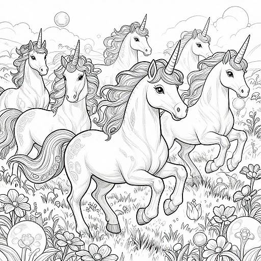 Black-and-white line drawing of six unicorns galloping through a field of flowers, with detailed manes and tails, under a sunny sky.