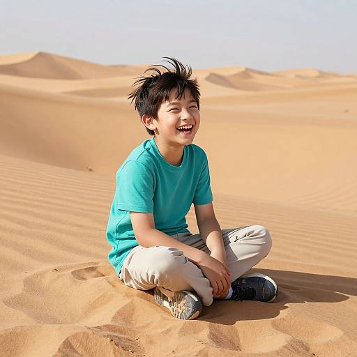 Photograph of a smiling Asian boy with spiky black hair, wearing a teal shirt and beige pants, sitting cross-legged in a sunlit desert with