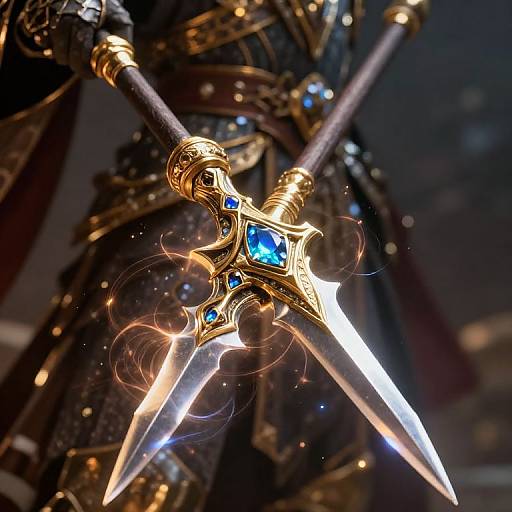 Close-up photograph of a glowing, ornate golden sword with blue gemstones, sharp twin blades, and intricate designs, held by armored hands.
