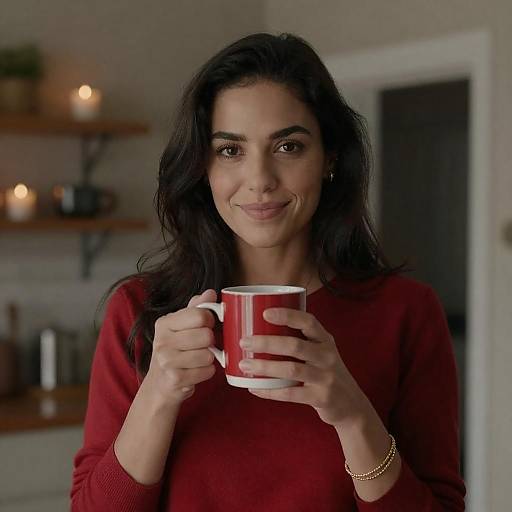 Smiling Woman Holding Coffee Mug in Cozy Kitchen