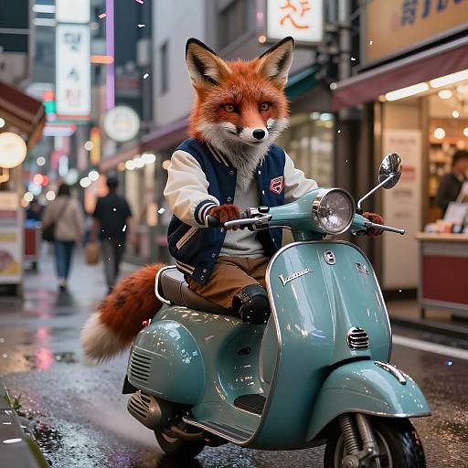 Anthropomorphic Fox Riding Vintage Vespa in Tokyo Arcade