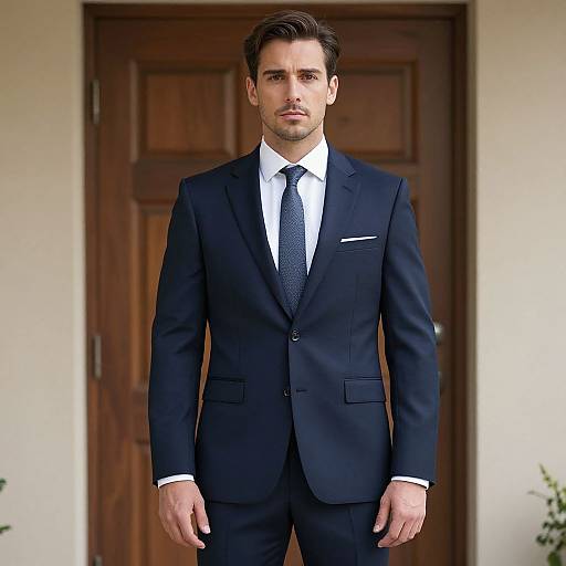Photograph of a handsome, clean-shaven man with dark hair, wearing a navy suit, white shirt, and black tie, standing in front of