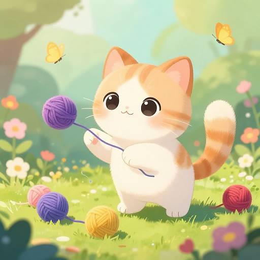 Adorable, cartoon-style white and orange kitten with large black eyes playfully holding a purple yarn ball in a sunlit, colorful garden.