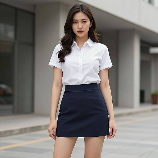 Photograph of an East Asian woman with long dark hair, wearing a white short-sleeve blouse and black mini-skirt, standing on a city