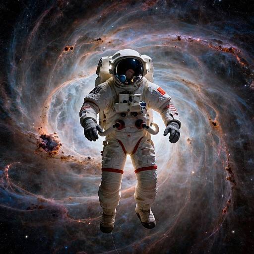 Photograph-like digital illustration of an astronaut in a white spacesuit with red stripes, floating in a swirling, colorful galaxy.