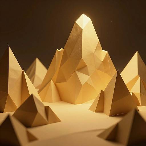 Photograph of glowing, golden paper pyramids with sharp angles and soft lighting, creating an illuminated, geometric mountain range against a dark background.
