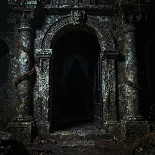 Mysterious, dark, ancient stone archway with intricate carvings, shadowy interior, and eerie blue highlights. Cobwebs hang from the columns