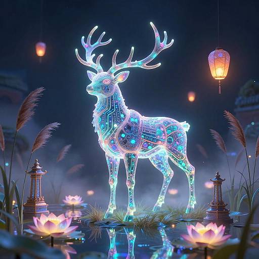Mystical Bioluminescent Thunder-Stag Scene