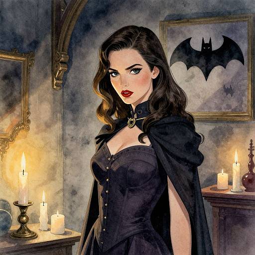 Digital illustration of a dark-haired woman in a black corset and cape, standing in a dimly lit room with candles and a bat silhouette on the